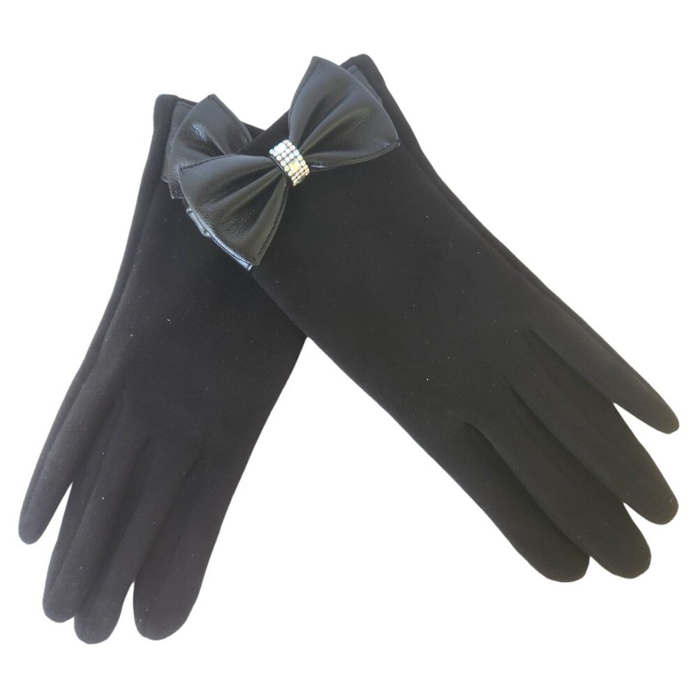 Black After 5 Rhinestone Bow Tie Faux Suede Gloves One Size Fits Most NWOT